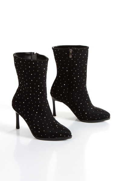 MFT AYAKKABI Kadın Fermuarlı Taş İşlemeli Şık İnce Topuk Sivri Burunlu Bot