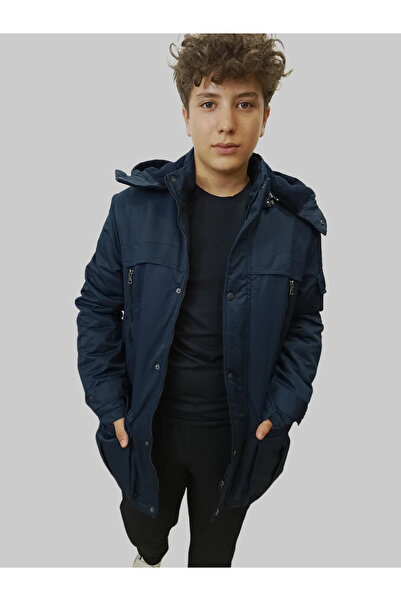 daniel milano Men's Winter Fur Lined Fixed Hooded Navy Blue Coat Parka