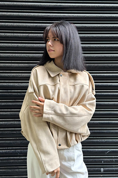 thesunfyre Jachetă bomber oversize pentru femei, cu aspect de piele de căprioară