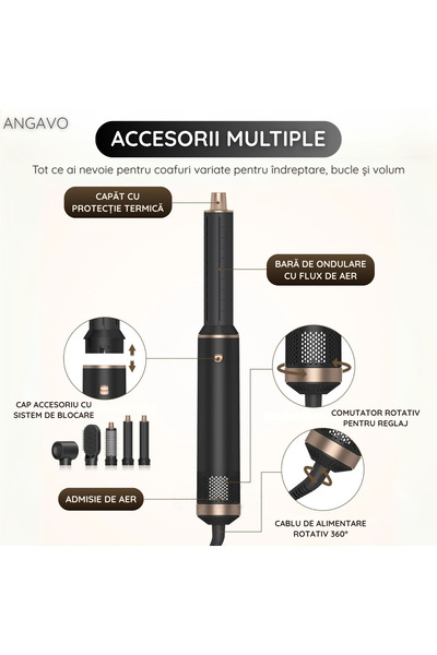 ANGAVO Ondulator păr 5-în-1 Coanda, 1000W, ioni negativi, 5 capete, negru-auriu, portabil