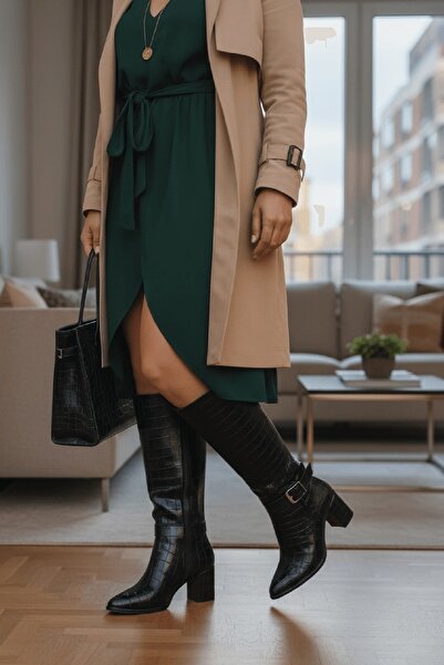 DİVOLYA Sidney Siyah Kroko Deri Topuklu (7cm) Yanı Fermuarlı Günlük Kullanım Çizme