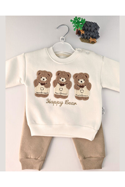 asliva Happy Bear Teddy Bear Embroidery 2-Piece Baby Set – Cream / Beige