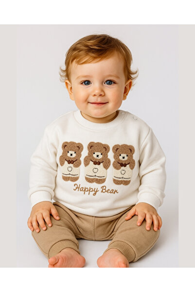 asliva Happy Bear Teddy Bear Embroidery 2-Piece Baby Set – Cream / Beige