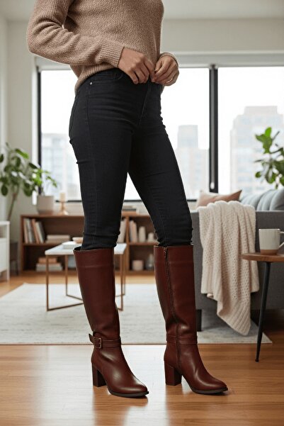 DİVOLYA Sidney Kahverengi Deri Topuklu (7cm) Yanı Fermuarlı Günlük Kullanım Çizme