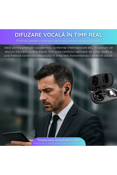 ANGAVO Căști traducere AI Q16 Pro, 144 limbi, ecran tactil, ANC, 40h, Type-C, alb/negru