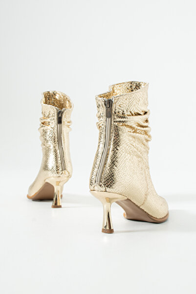 Gökçe Shoes Jamiel Gold Simli Körük Detay Arkadan Fermuarlı Kadın Topuklu Bot