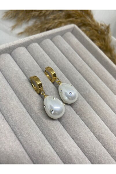Kaan Accessoire Çelik Küpe Halka Ucu Su Damlası İnci Model İnci Üzeri Zirkon Taşlı