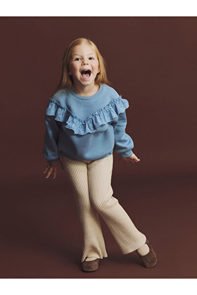 LC Waikiki Blue Crew Neck Ruffled Girls' Sweatshirt