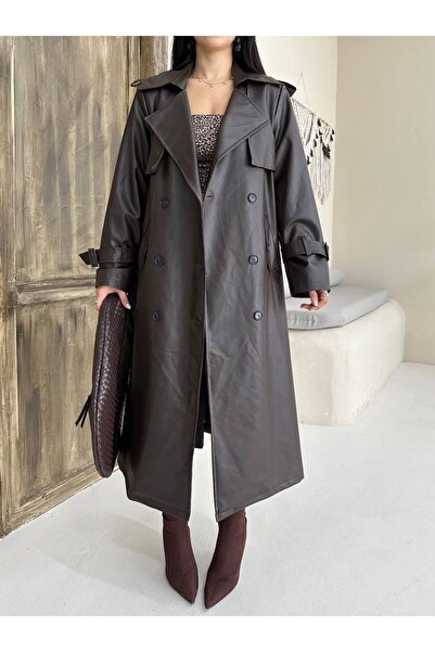 buqre's moda Women's New Season Epaulet Detailed Belted Cape Long Leather Trench Coat