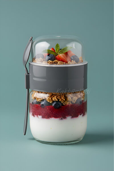 KaktüsKedi Glass Meal Cup with Spoon and Fork - Food Transport and Storage Co...