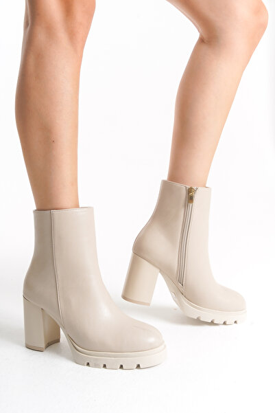 SİNAYN MODA KADIN BEJ CİLT YUVARLAK BURUNLU KALIN TOPUKLU DÜZ BOT