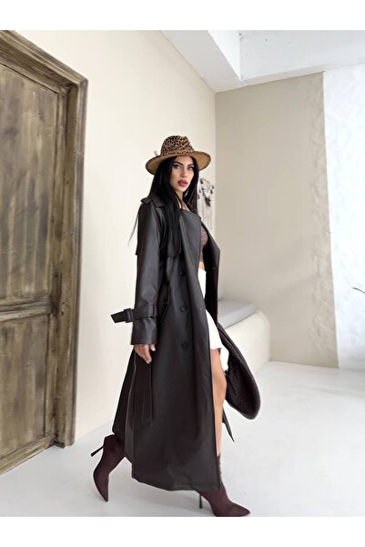 buqre's moda Women's New Season Epaulet Detailed Belted Cape Long Leather Trench Coat