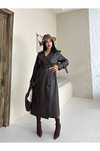 buqre's moda Women's New Season Epaulet Detailed Belted Cape Long Leather Trench Coat