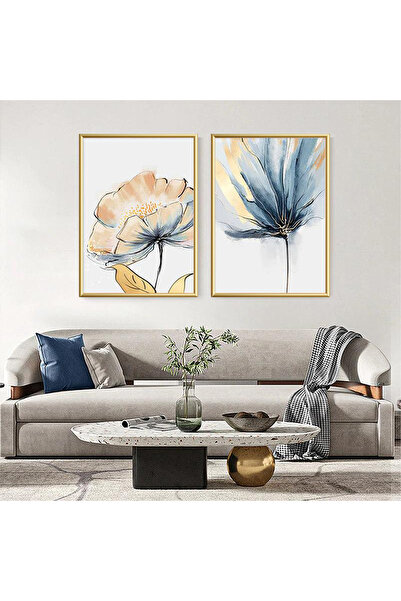 Linacci 2li Gold Metal Çerçeve Mavi Çiçek Gerçek Cam Tablo Seti