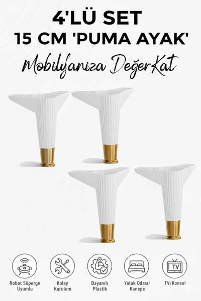 İMT AKSESUAR Puma 15 Cm 4 Adet Beyaz-Altın Mobilya Kanepe Tv ünitesi Kosol Do...