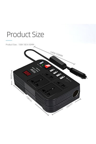 Generic 300W Car Inverter – Converts 12V/24V DC to 220V AC with 4 USB Ports for Quick Charging
