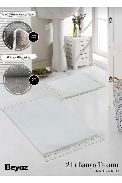new colourse 2’li Ponpon Saçaklı Yumuşak Peluş Banyo Paspas Takımı – Gri, Bey...