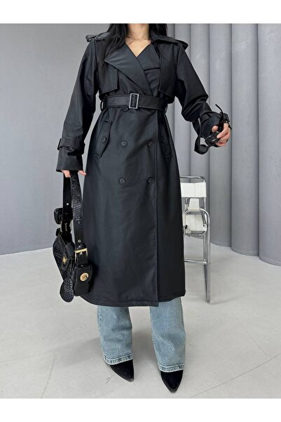 buqre's moda Kadın Yeni Sezon Apolet Detaylı Kuşaklı Pelerinli Uzun Deri Trenç