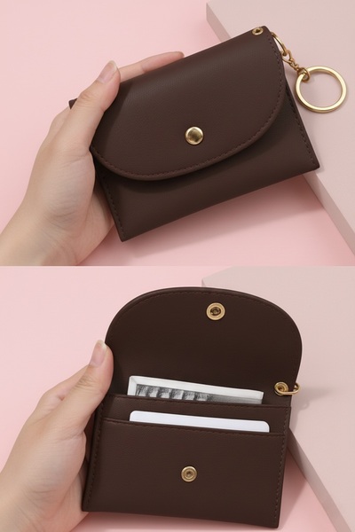 Defnella Bitter Brown Double Compartment Mini Credit Card Holder Wallet with Keychain 10X7 cm