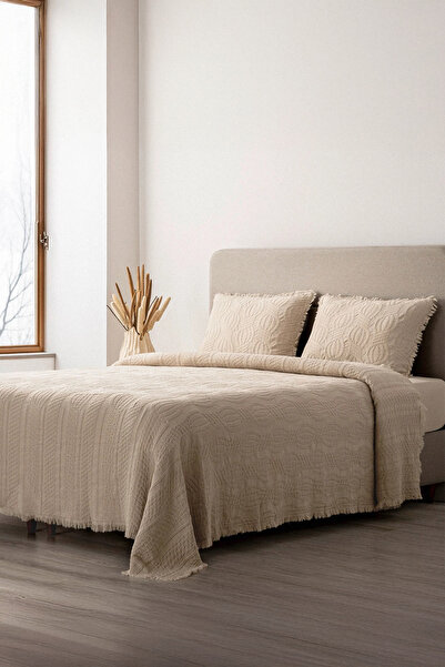 Ecocotton Hifa Beige Double Bed 100% Organic Cotton Throw - Bed Cover Set