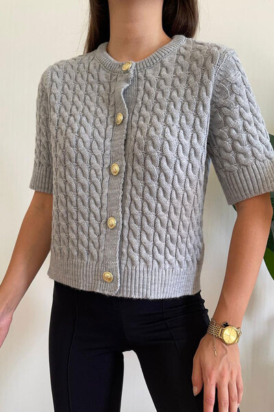 Nazline Women's Hair Braided Crew Neck Buttoned Short Sleeve Knitwear Cardigan