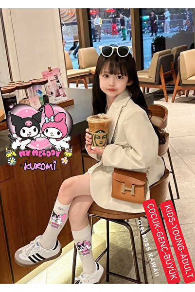 Girlboss Kawaii Kuromi & My Melody White Mousse Knee-High Socks School Socks All Ages Children/Teenagers/Adults Series