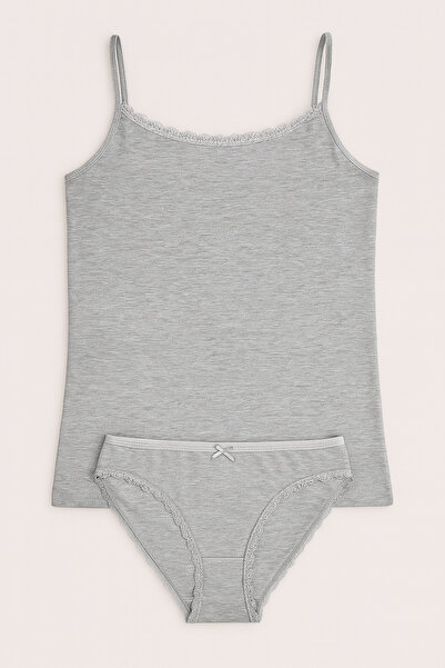Alissa Women's Dark Gray Melange Lycra Cotton String Strap Tank Top Slip Panties Set W3İ5K1L2Ekk
