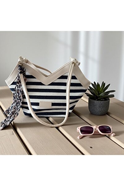 Gözde Mağazacılık Women's Straw Handle Bag with Striped Scarf