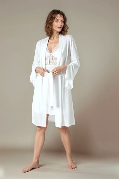 Alissa Women's Ecru Combed Cotton Bridal 6-Piece Dowry Set Dressing Gown & Nightgown & Pajama Shorts Set W9U6O2K0Kka