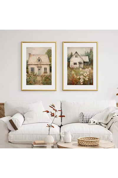 Linacci 2li Gold Metal Çerçeve Doğa Ev Gerçek Cam Tablo Seti