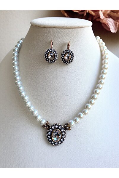 FAYRA ACCESSORIES Kristal Oval Taşlı İnci Kolye ve Küpe Seti