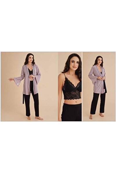 Alissa Women's Black Combed Cotton Dressing Gown Pajama Set
