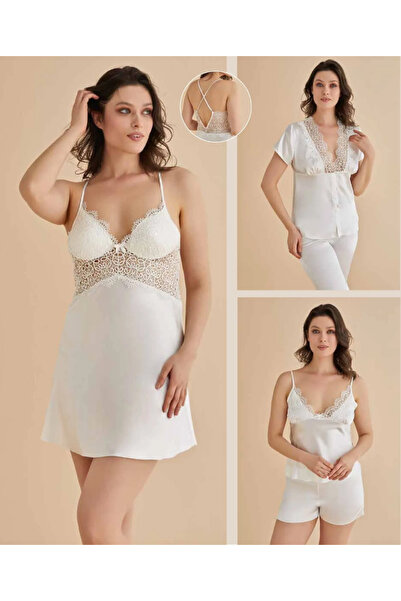 Alissa Women's Ecru Nightgown&Robe&Shorts Set&Pajama Set 6-Piece Satin Bridal Dowry Set W8.7.4.1Dkukch