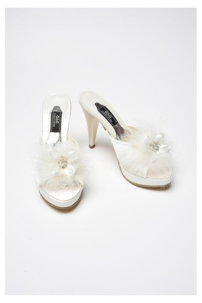 Alissa Women's Ecru Stone Feather Heeled Welin Dowry Platform House Slippers Q1W4K5Ck