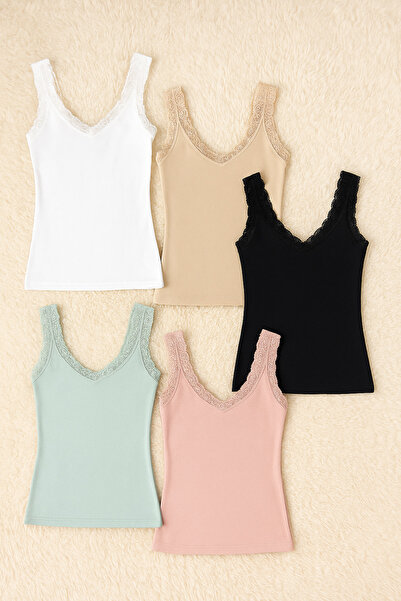 Alissa قميص داخلي نسائي من القطن المودال والليكرا بحمالات دانتيل مكون من 5 قطع W6K6K0T6KA