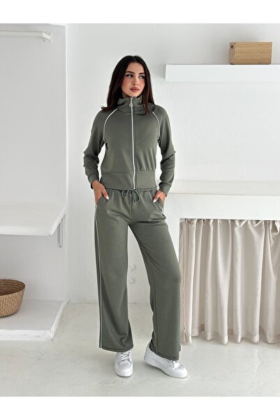 sportiness Wide Leg Tracksuit Set with Piping Detail