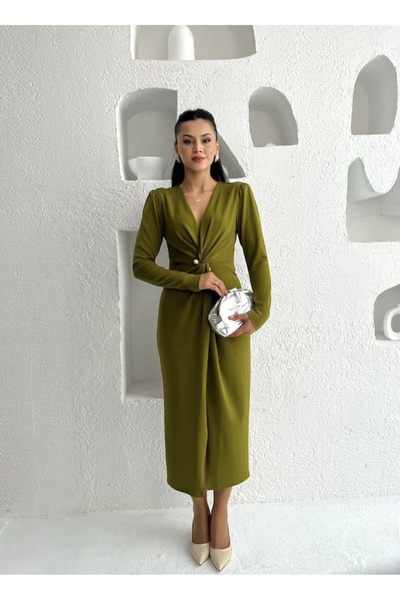 Afiş Butik Yağ Yeşili Kruvaze Yaka Vatkalı Yırtmaçlı Elbise