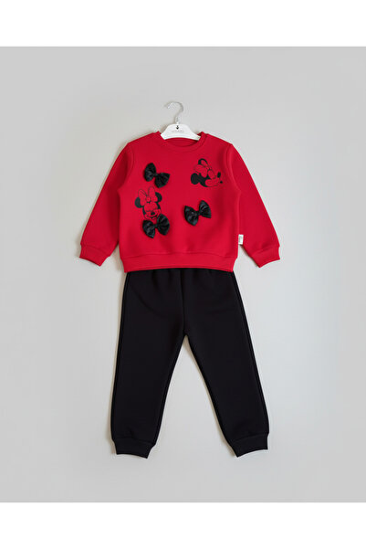vovido Minnie Mouse Baskılı ve Fiyonk Detaylı Kırmızı Sweatshirt Siyah Eşofman Altı Kız Çocuk Takımı