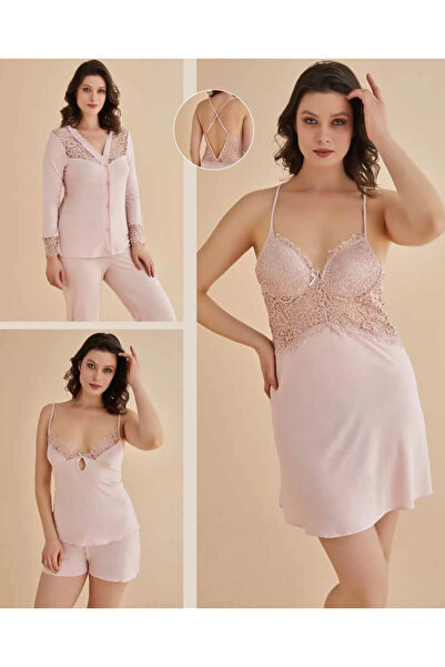 Alissa Women's Powder Nightgown&Robe&Shorts Set&Pajama Set 6-Piece Combed Cotton Bridal Dowry Set W5.8.Dkukchss