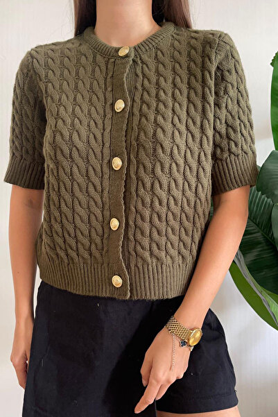 Nazline Women's Hair Braided Crew Neck Buttoned Short Sleeve Knitwear Cardigan