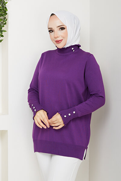 Pamuk Butik تونيك نسائي من التريكو الميرسيريزد بتفاصيل حجرية وياقة مكشكشة بلو...