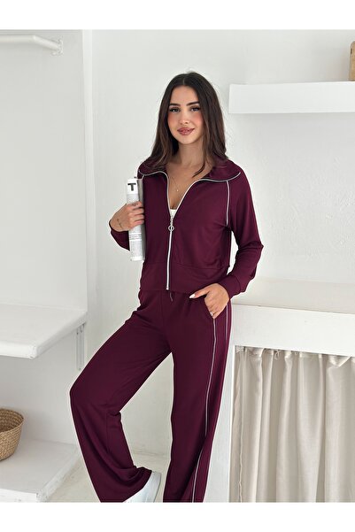 sportiness Wide Leg Tracksuit Set with Piping Detail