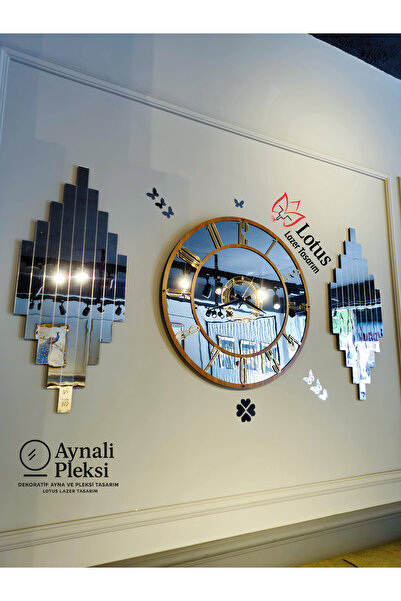 LotusLazer Tasarım Aynalı Pleksi Duvar Saati Seti – 70 cm Saat (Ceviz Çerçeve & Rakamlar) + 2’li 70×30 cm Gümüş Tablo