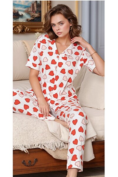 Alissa Women's Ecru & Red Cotton Heart Patterned Placket Pajama Set