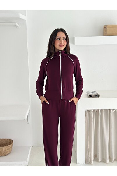 sportiness Wide Leg Tracksuit Set with Piping Detail