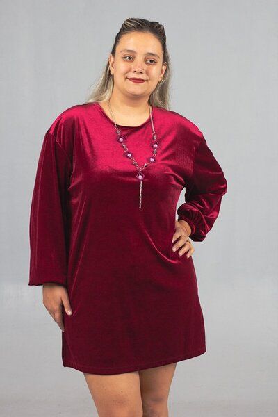 Truva XXL Maximal Elegance Plus Size Burgundy Velvet Tunic with Necklace
