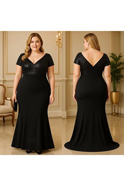 Nsb Tasarım Rochie neagră cu mânecă scurtă cu paiete pentru femei, lungă, măr...