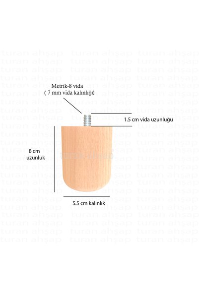 turanahşap Koltuk Ayağı - Sehpa Ayağı- Ahşap Mobilya Ayağı - Uzunluk: 8 Cm / Çap: 5.5 Cm