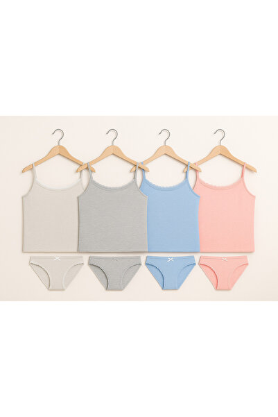 Alissa Women's Pink&Blue&Light Gray&Dark Gray Melange Lycra Cotton 4-Piece Thread Strap Athlete Slip Panty Set