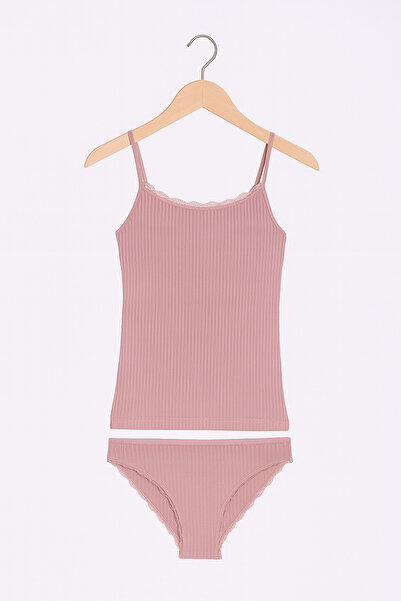 Alissa Women's Dusty Rose Viscose Lycra Soft Fabric String Strap Tank Top & Slip Panties Set W3I5K3L4Ekk